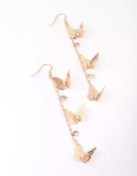 Gold Butterfly & Cubic Zirconia Droplet Chain Earrings