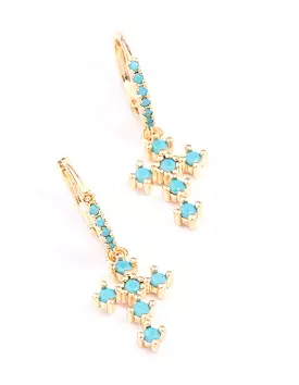 Gold Cubic Zirconia & Turqouise Cross Drop Earrings