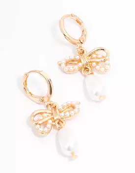 Gold Pearl Bow Drop Huggie Earrings