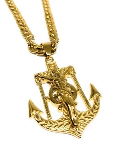 Gold Plated Big Jesus Crucifiix Anchor Pendant Cristo Ancla Crucifijo Cuban Link Chain 30