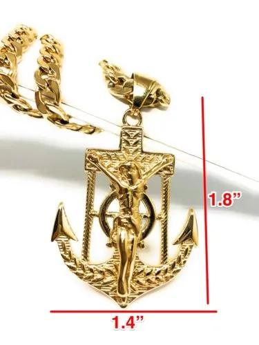 Gold Plated Big Jesus Crucifiix Anchor Pendant Cristo Ancla Crucifijo Cuban Link Chain 30