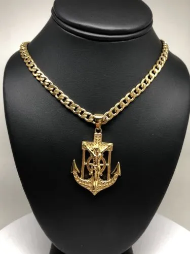 Gold Plated Big Jesus Crucifiix Anchor Pendant Cristo Ancla Crucifijo Cuban Link Chain 30