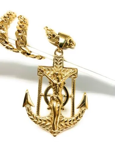 Gold Plated Big Jesus Crucifiix Anchor Pendant Cristo Ancla Crucifijo Cuban Link Chain 30