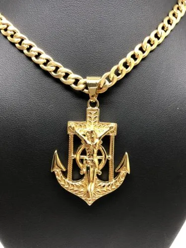 Gold Plated Big Jesus Crucifiix Anchor Pendant Cristo Ancla Crucifijo Cuban Link Chain 30