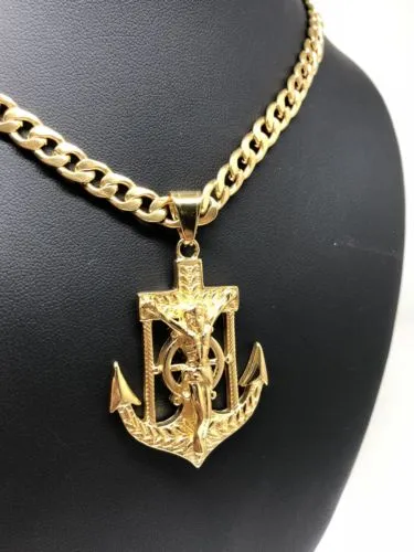 Gold Plated Big Jesus Crucifiix Anchor Pendant Cristo Ancla Crucifijo Cuban Link Chain 30