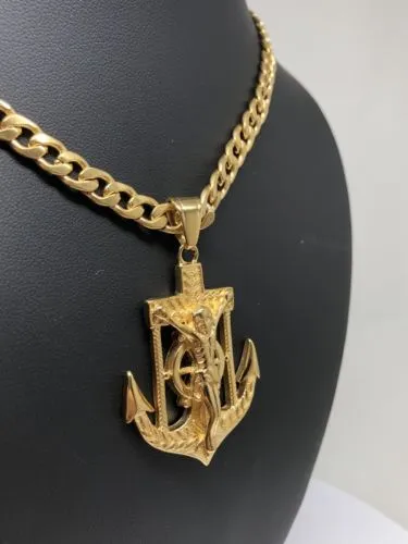 Gold Plated Big Jesus Crucifiix Anchor Pendant Cristo Ancla Crucifijo Cuban Link Chain 30