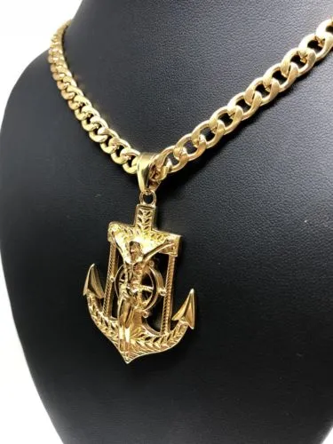 Gold Plated Big Jesus Crucifiix Anchor Pendant Cristo Ancla Crucifijo Cuban Link Chain 30