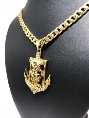 Gold Plated Big Jesus Crucifiix Anchor Pendant Cristo Ancla Crucifijo Cuban Link Chain 30