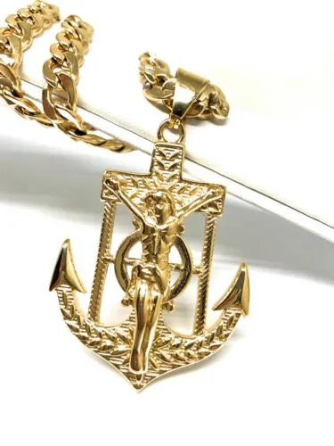 Gold Plated Big Jesus Crucifiix Anchor Pendant Cristo Ancla Crucifijo Cuban Link Chain 30