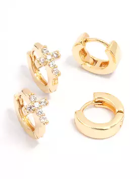 Gold Plated Cubic Zirconia Cross Mini Huggie Earring Pack