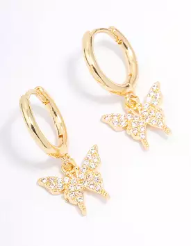 Gold Plated Cubic Zirconia Pave Butterfly Hoop Earrings