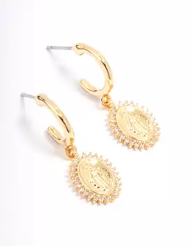 Gold Plated Diamante Classic Coin Hoop Earrings