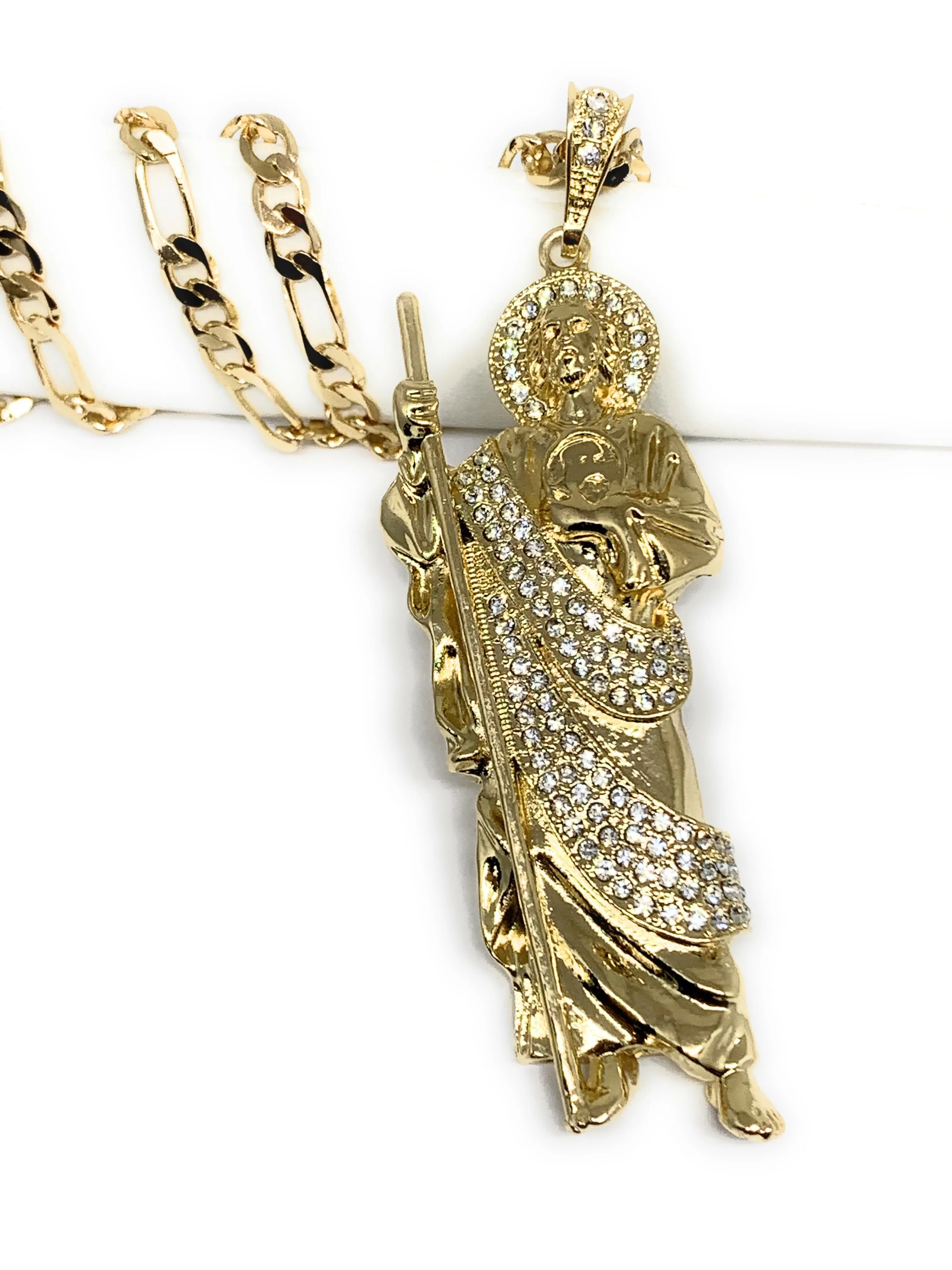 Gold Plated Saint Jude BIG XL Pendant White CZ Necklace Figaro San Judas Tadeo Medalla