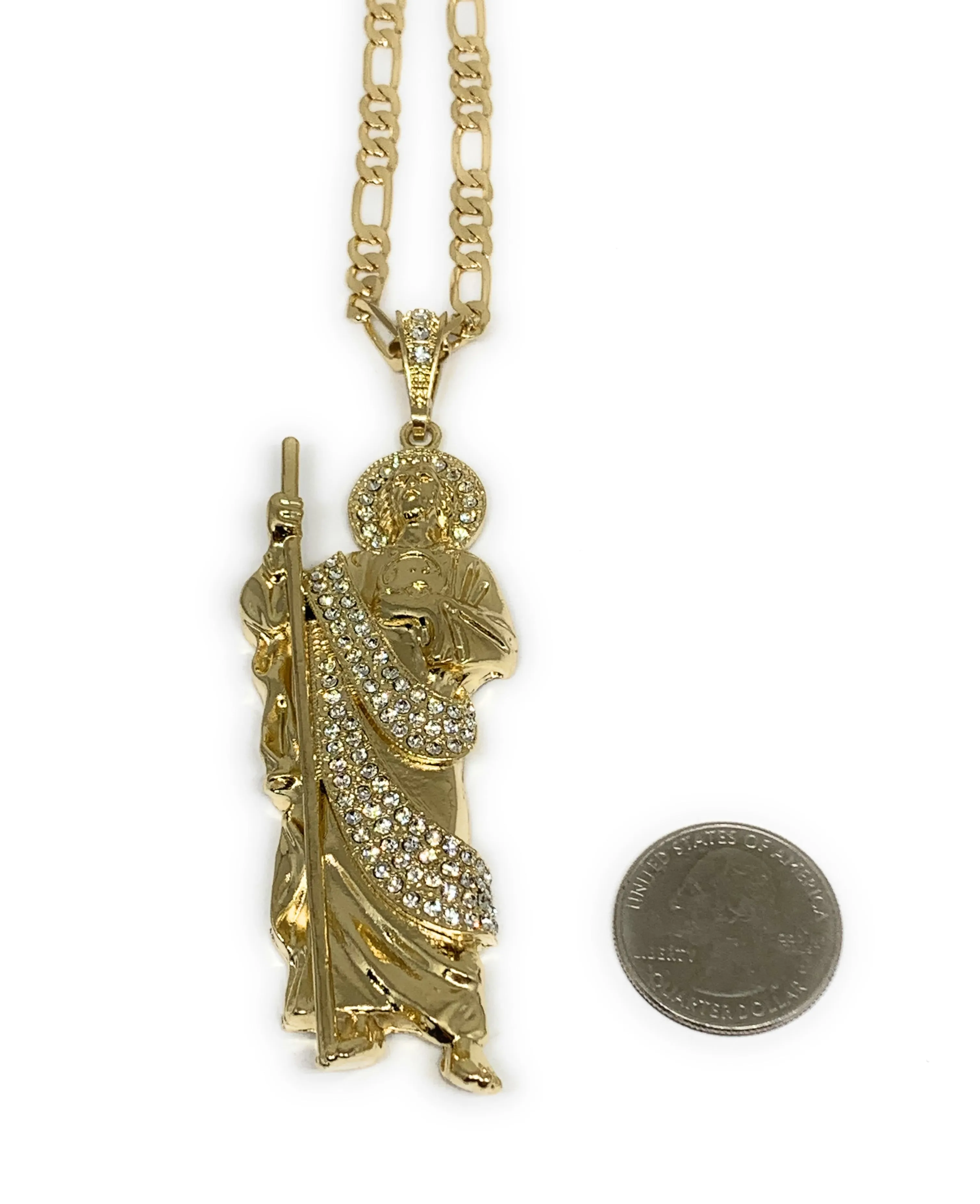 Gold Plated Saint Jude BIG XL Pendant White CZ Necklace Figaro San Judas Tadeo Medalla