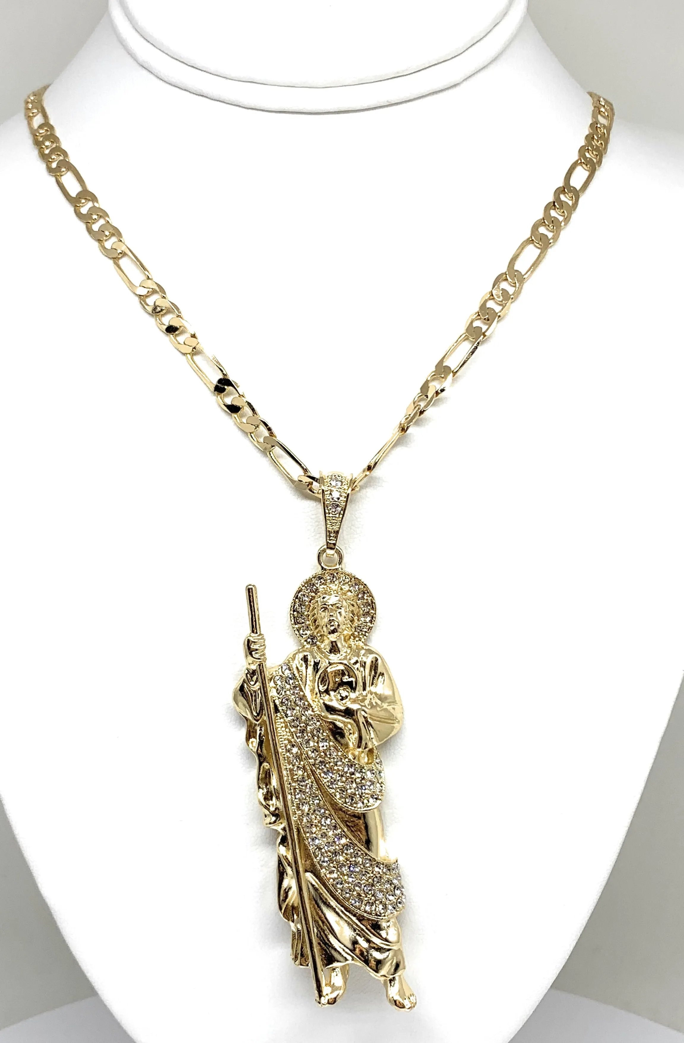 Gold Plated Saint Jude BIG XL Pendant White CZ Necklace Figaro San Judas Tadeo Medalla