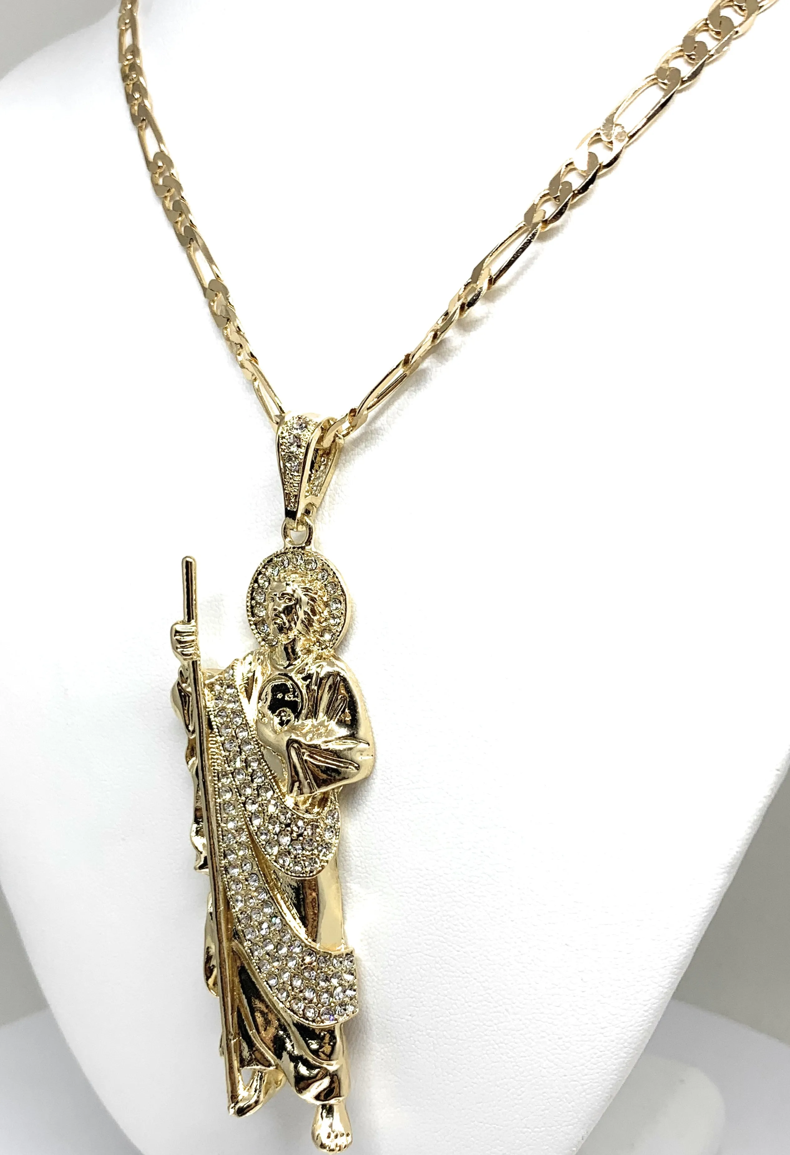 Gold Plated Saint Jude BIG XL Pendant White CZ Necklace Figaro San Judas Tadeo Medalla