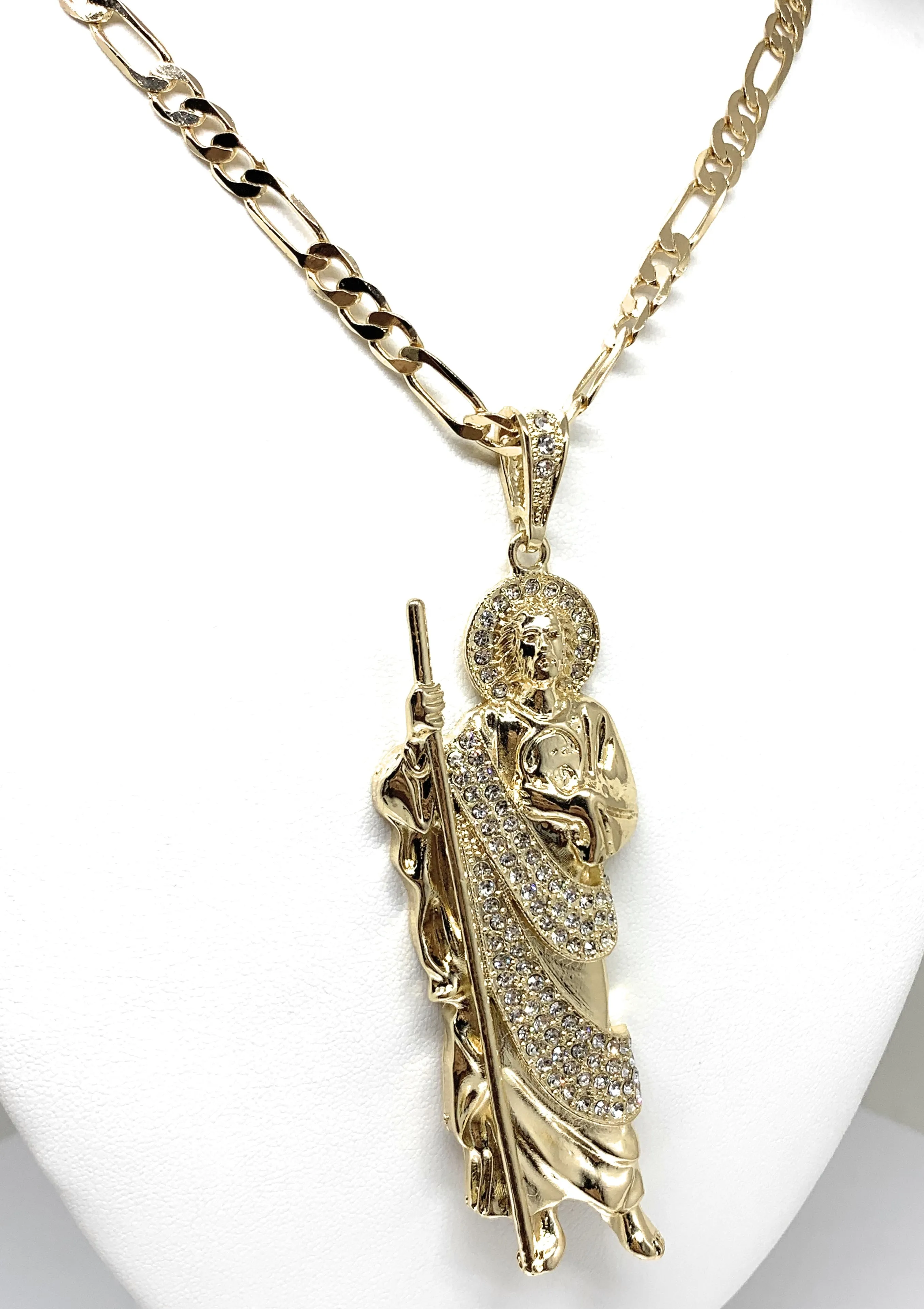 Gold Plated Saint Jude BIG XL Pendant White CZ Necklace Figaro San Judas Tadeo Medalla