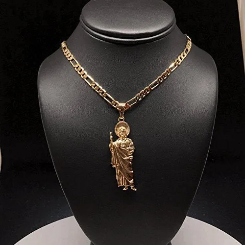 Gold Plated Saint Jude Pendant Necklace Figaro 26 San Judas Tadeo Medalla Cadena Oro Laminado