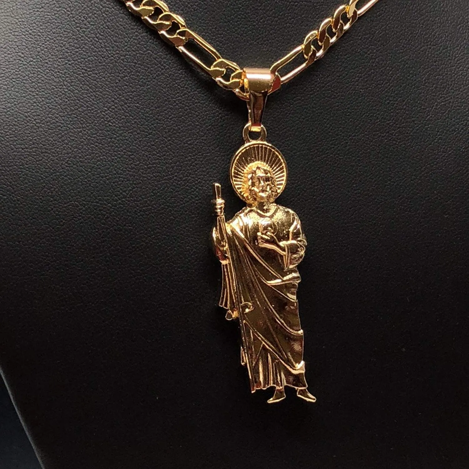 Gold Plated Saint Jude Pendant Necklace Figaro 26 San Judas Tadeo Medalla Cadena Oro Laminado