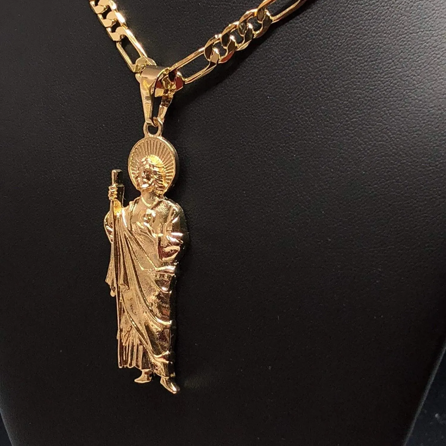 Gold Plated Saint Jude Pendant Necklace Figaro 26 San Judas Tadeo Medalla Cadena Oro Laminado