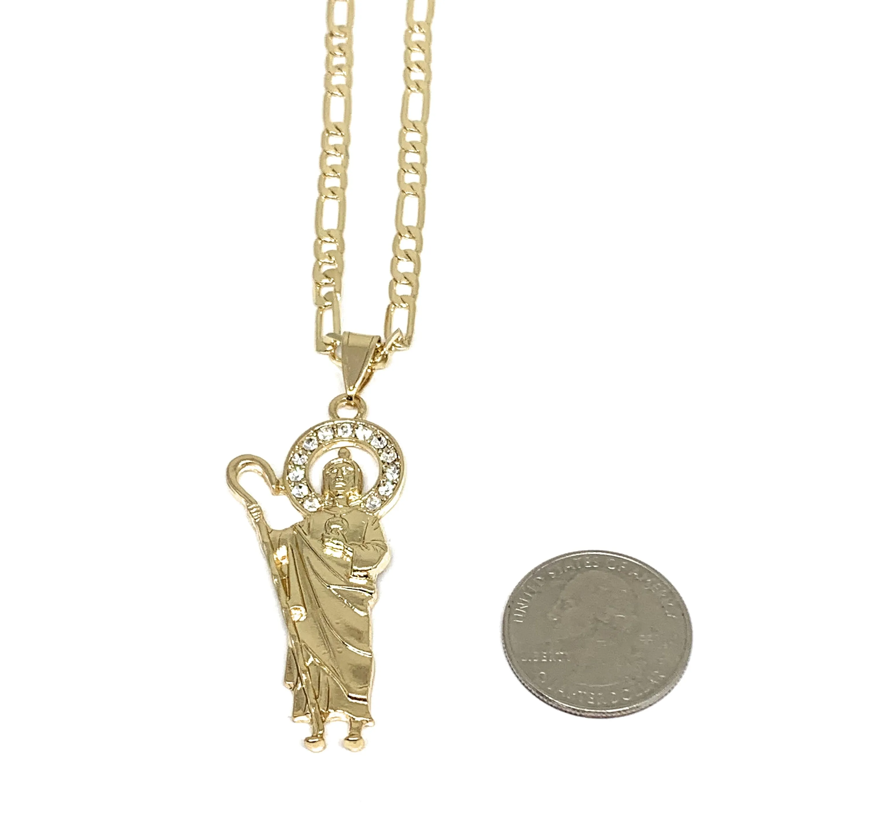 Gold Plated Saint Jude Pendant White CZ Necklace Figaro 24” San Judas Tadeo Medalla