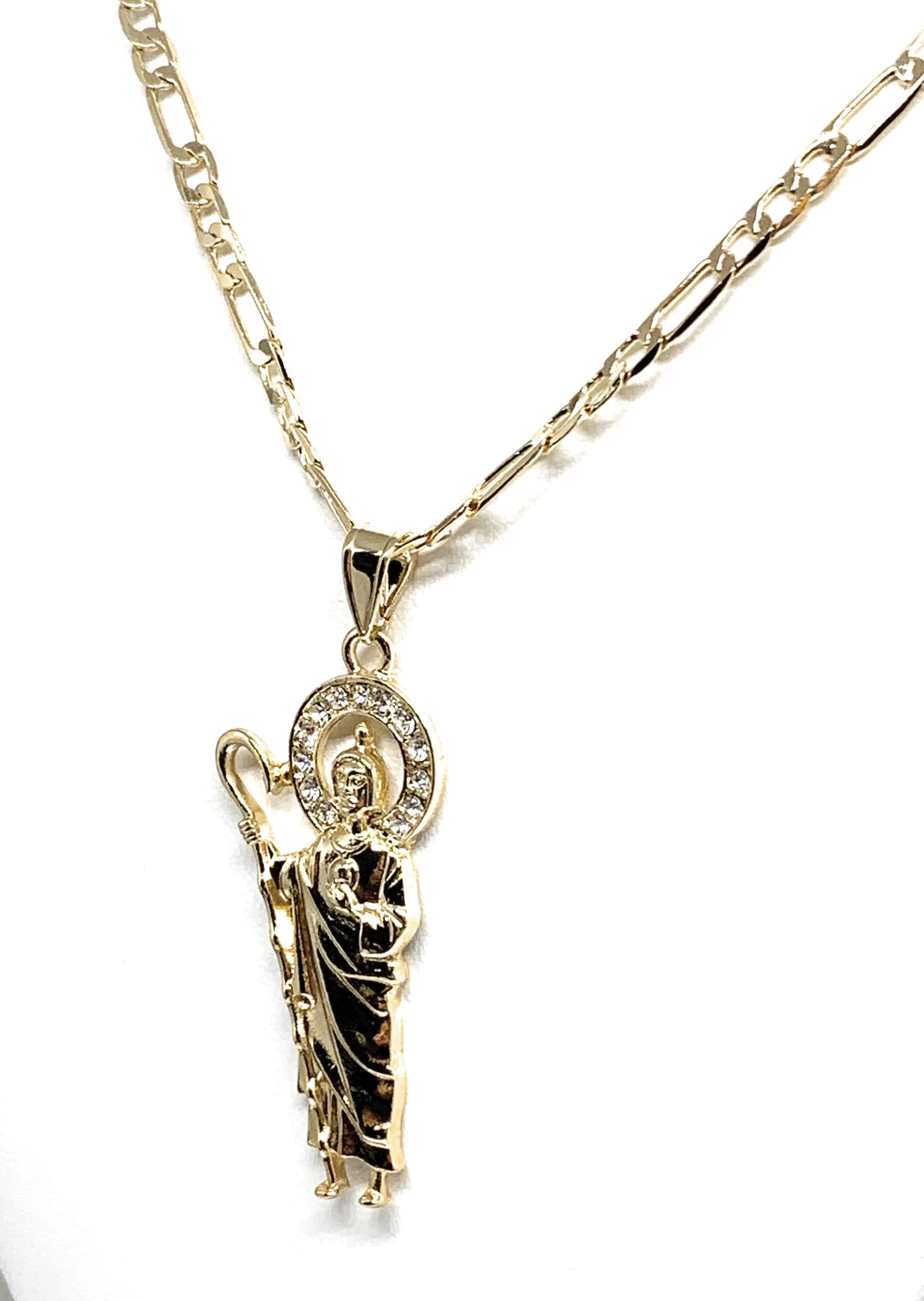 Gold Plated Saint Jude Pendant White CZ Necklace Figaro 24” San Judas Tadeo Medalla