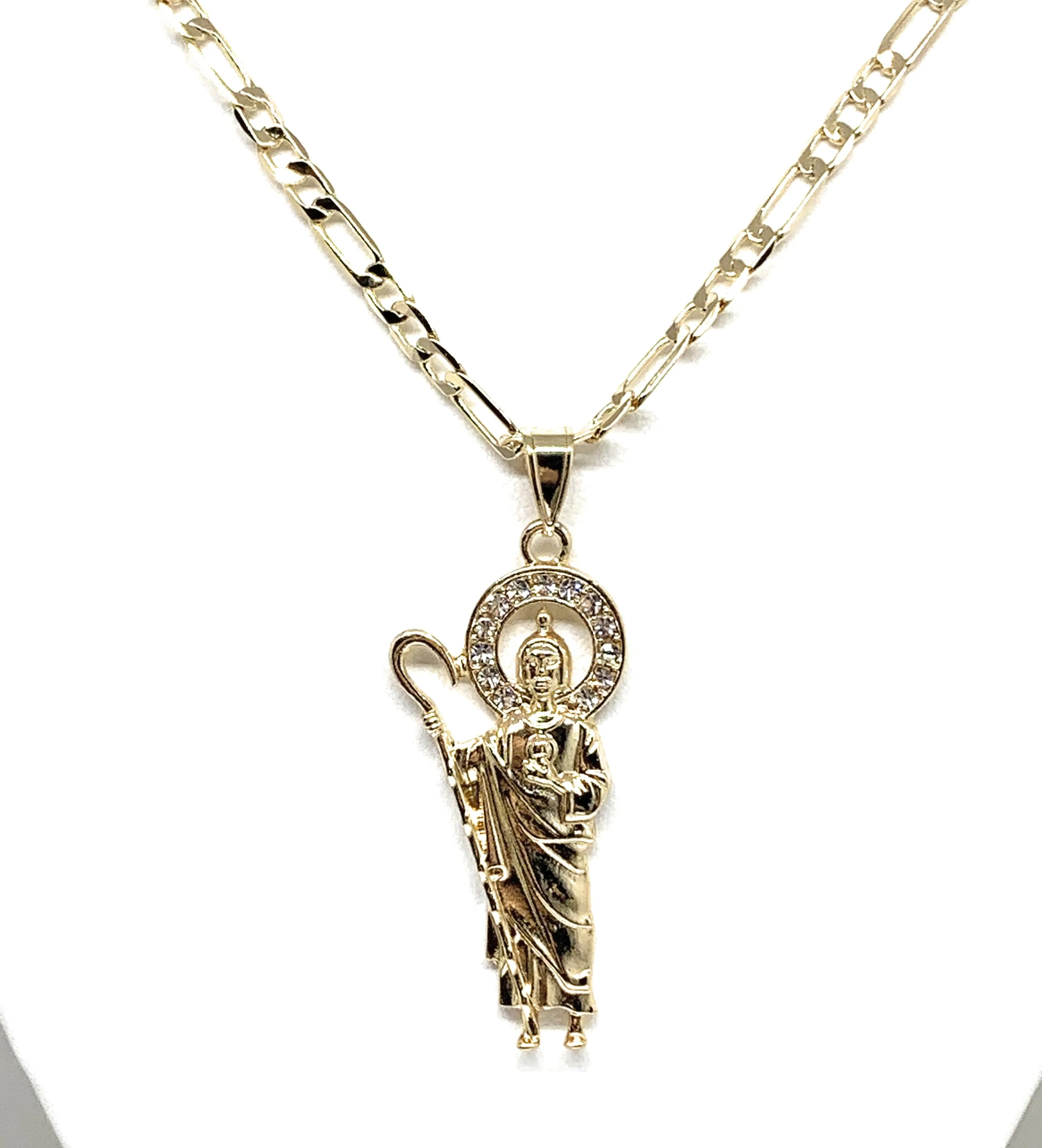 Gold Plated Saint Jude Pendant White CZ Necklace Figaro 24” San Judas Tadeo Medalla