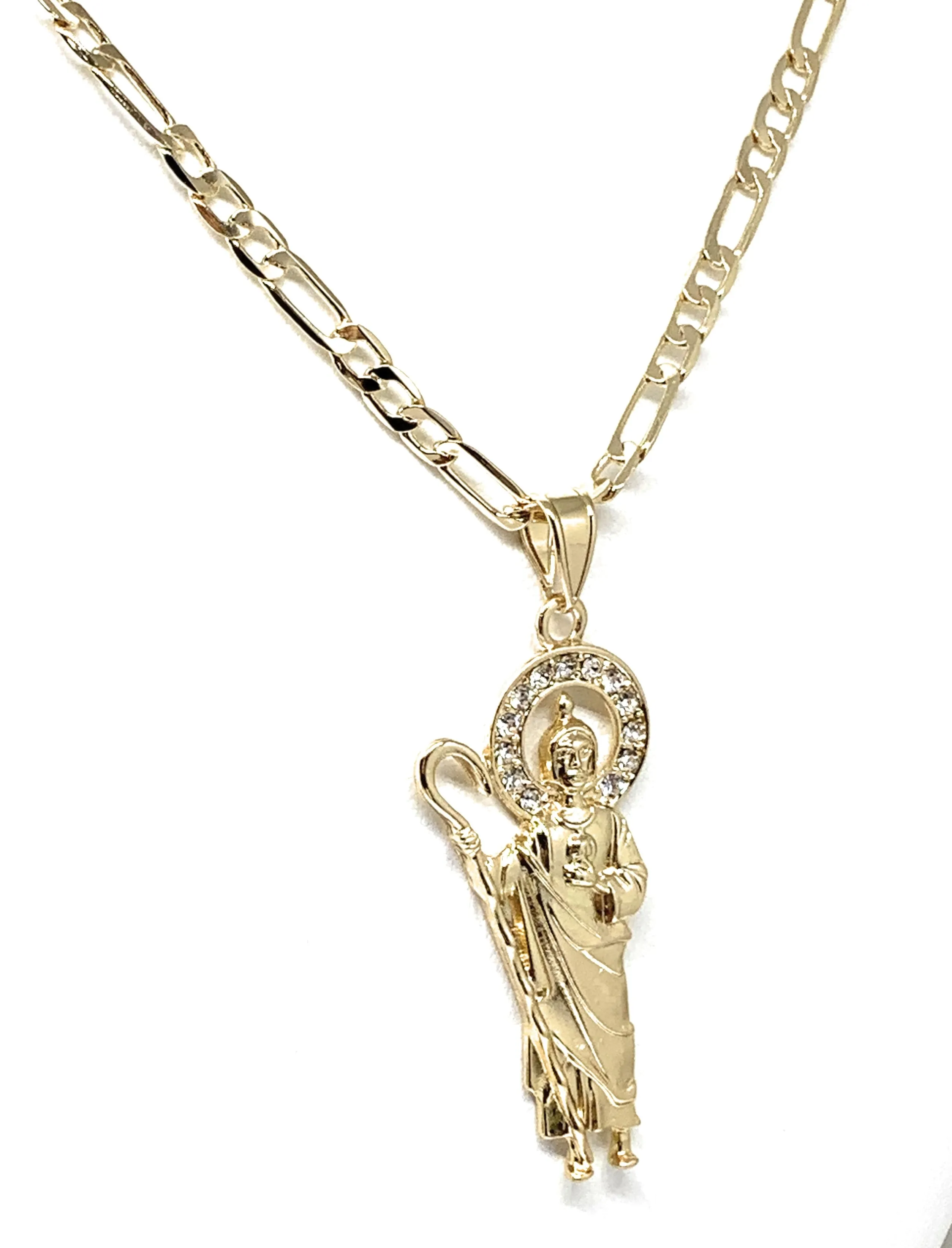 Gold Plated Saint Jude Pendant White CZ Necklace Figaro 24” San Judas Tadeo Medalla