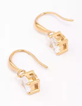 Gold Plated Stainless Steel Cubic Zirconia Solitaire French Hook Earrings