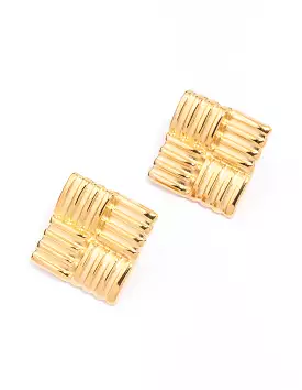 Gold Plated Stainless Steel Square Ribbed Stud Earrings