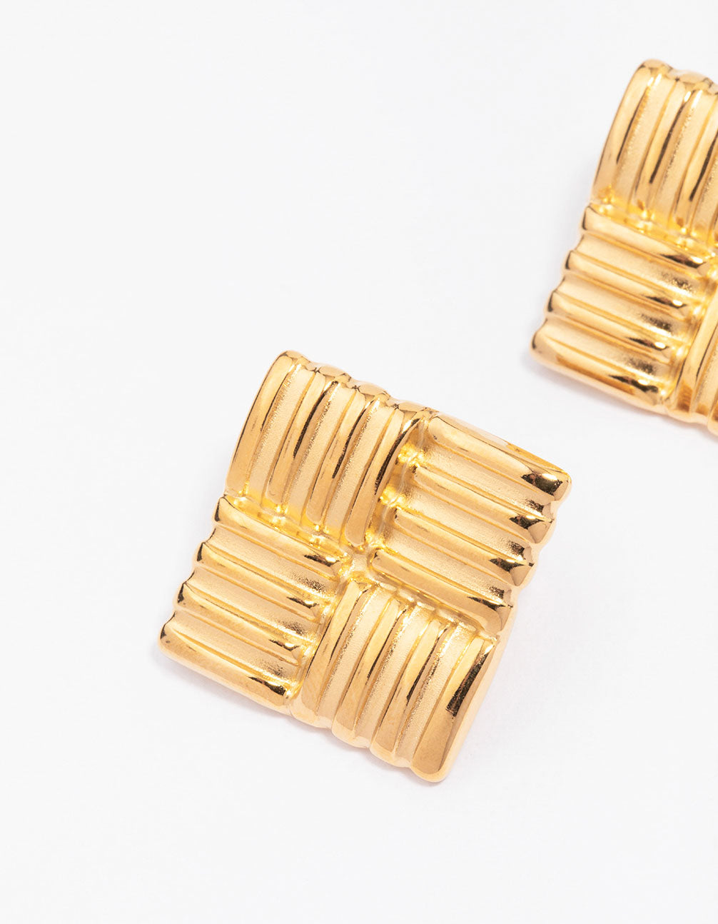 Gold Plated Stainless Steel Square Ribbed Stud Earrings