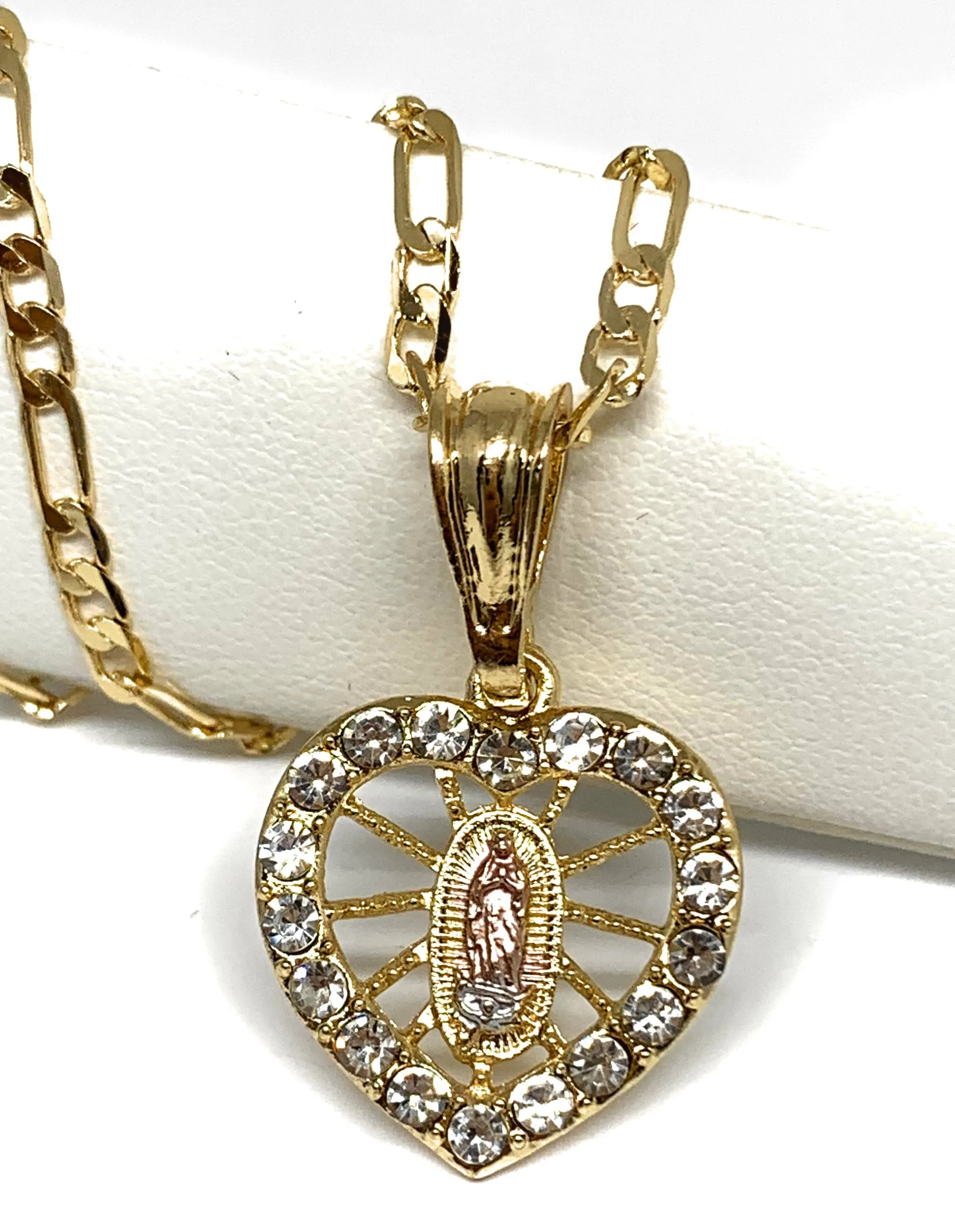 Gold Plated Tri-Color Virgin Mary Heart Cubic Zirconia Pendant Necklace 24” Virgen Guadalupe