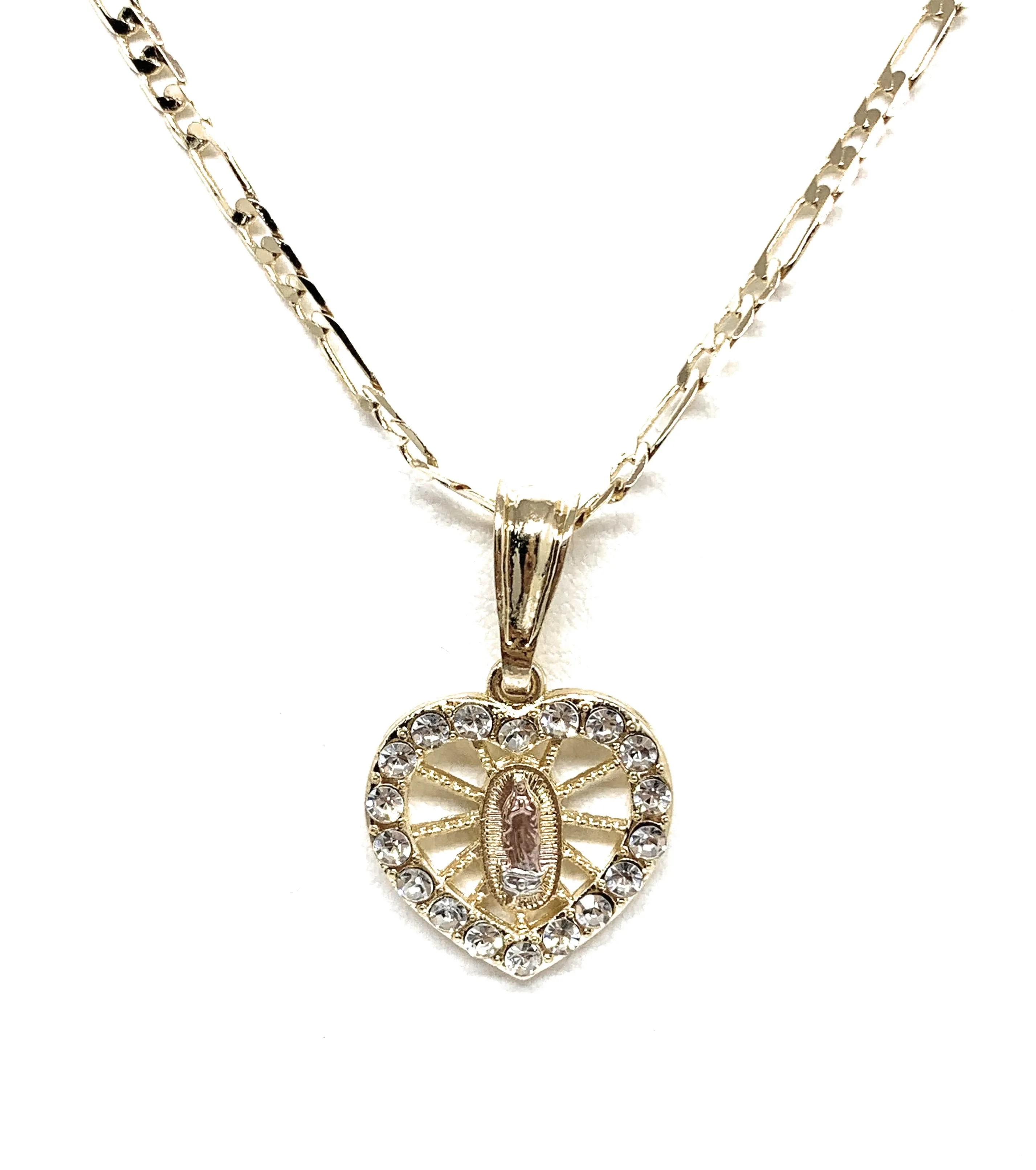 Gold Plated Tri-Color Virgin Mary Heart Cubic Zirconia Pendant Necklace 24” Virgen Guadalupe