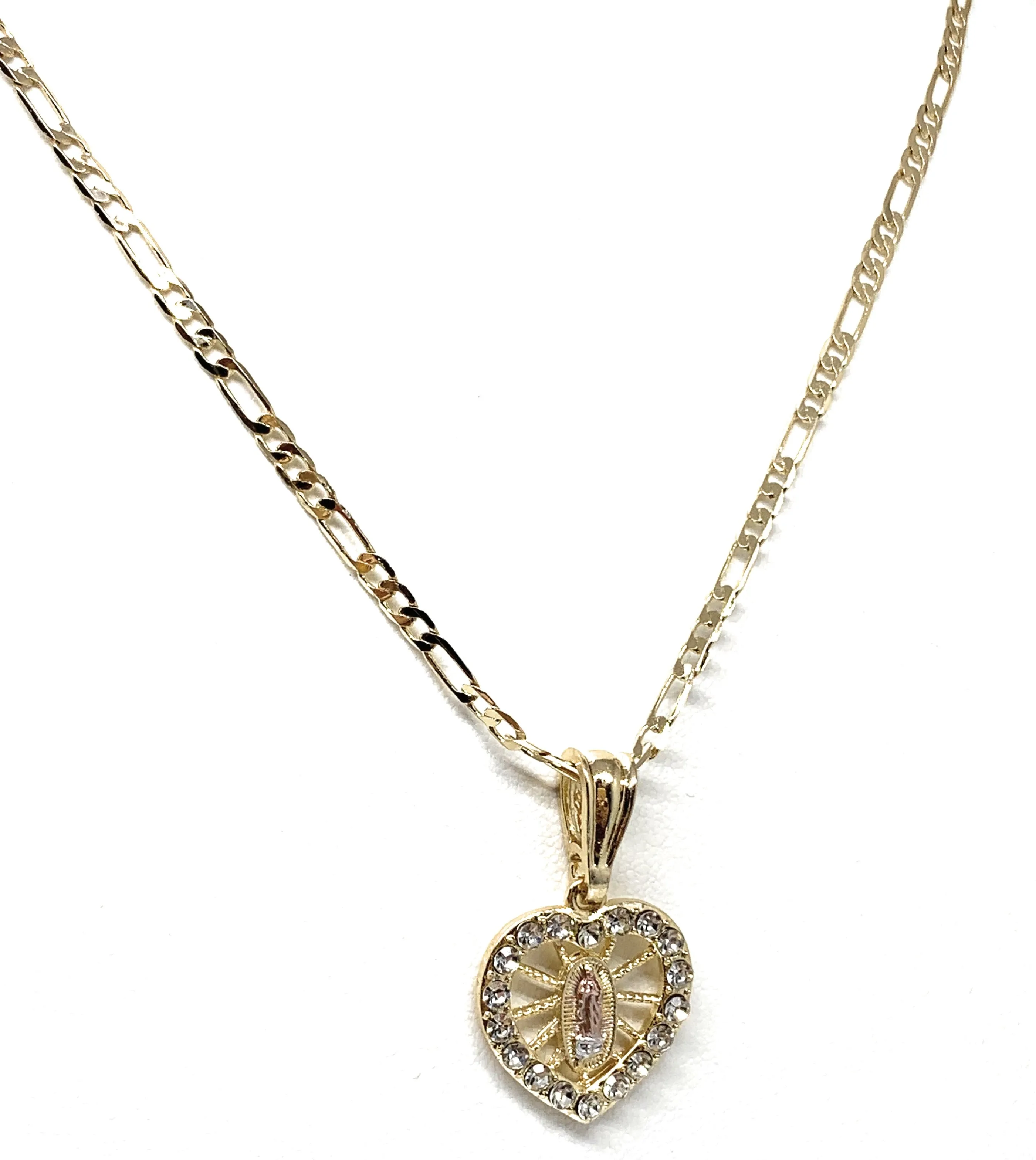 Gold Plated Tri-Color Virgin Mary Heart Cubic Zirconia Pendant Necklace 24” Virgen Guadalupe