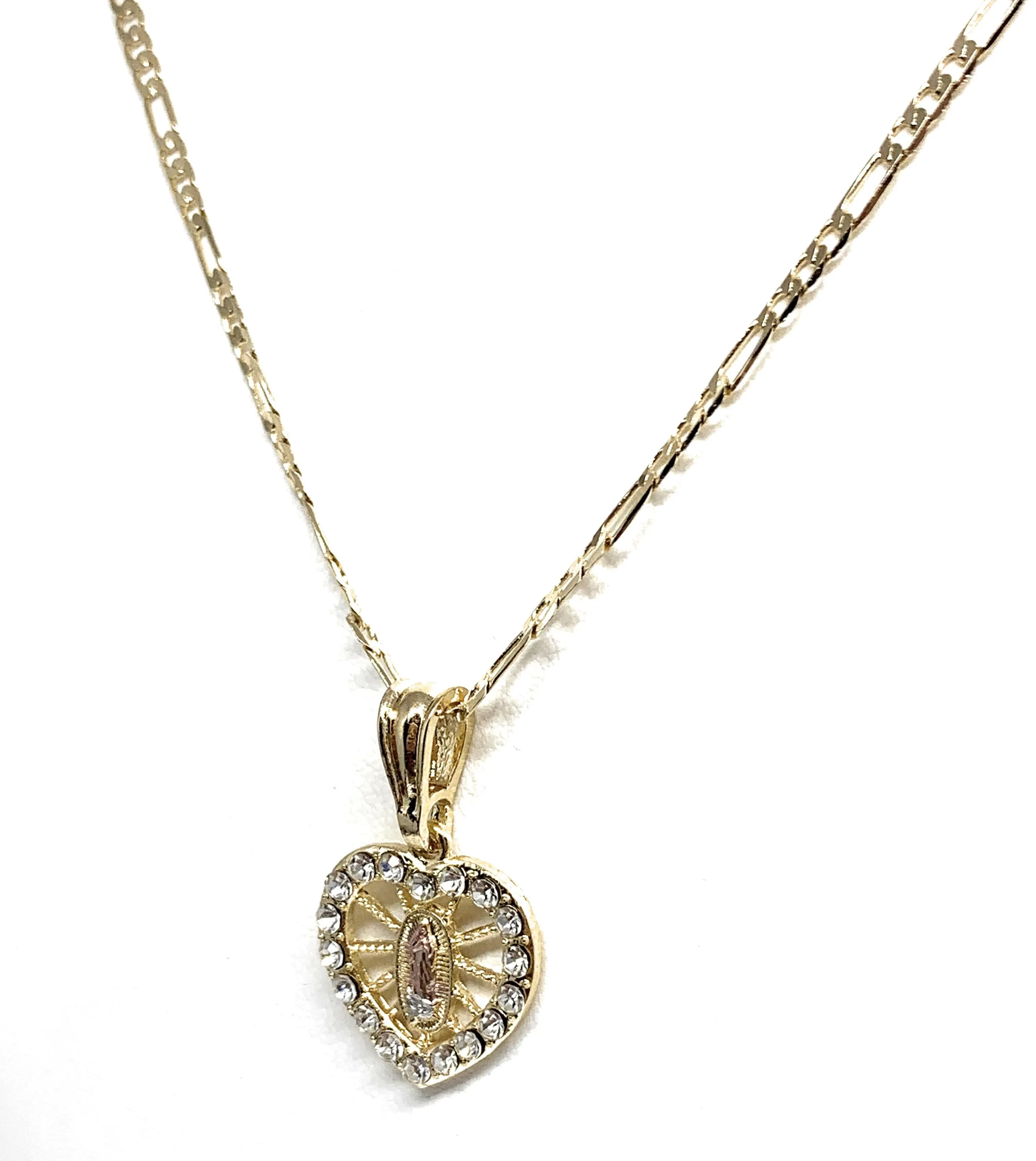 Gold Plated Tri-Color Virgin Mary Heart Cubic Zirconia Pendant Necklace 24” Virgen Guadalupe