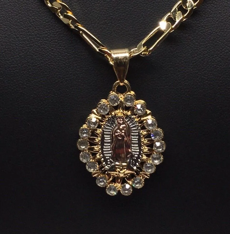 Gold Plated Tri-Color Virgin Mary Pendant White Stones 26 Chain / Virgen De Guadalupe Medalla Tres Oros Con Piedras Blanca Caden