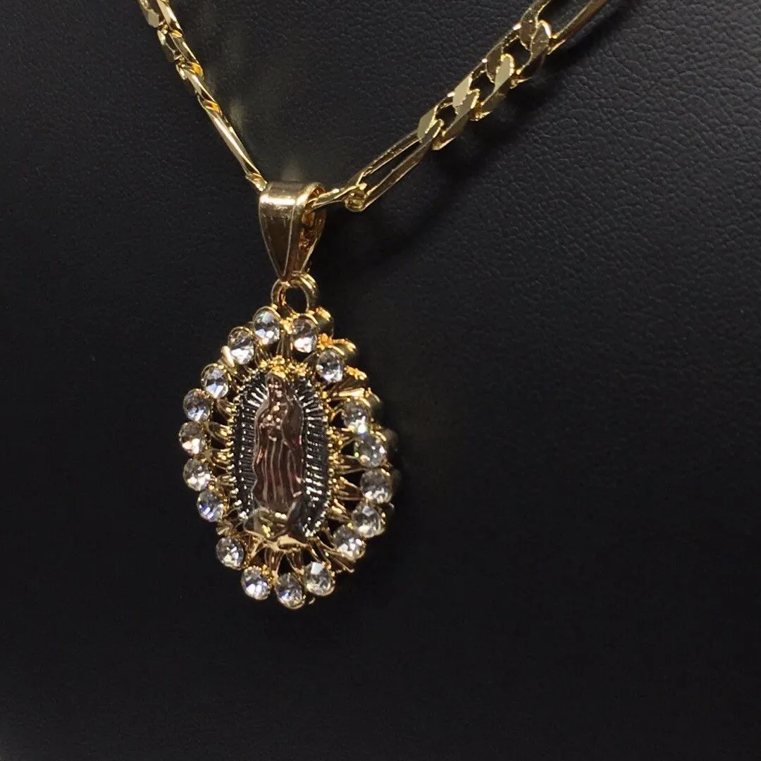 Gold Plated Tri-Color Virgin Mary Pendant White Stones 26 Chain / Virgen De Guadalupe Medalla Tres Oros Con Piedras Blanca Caden