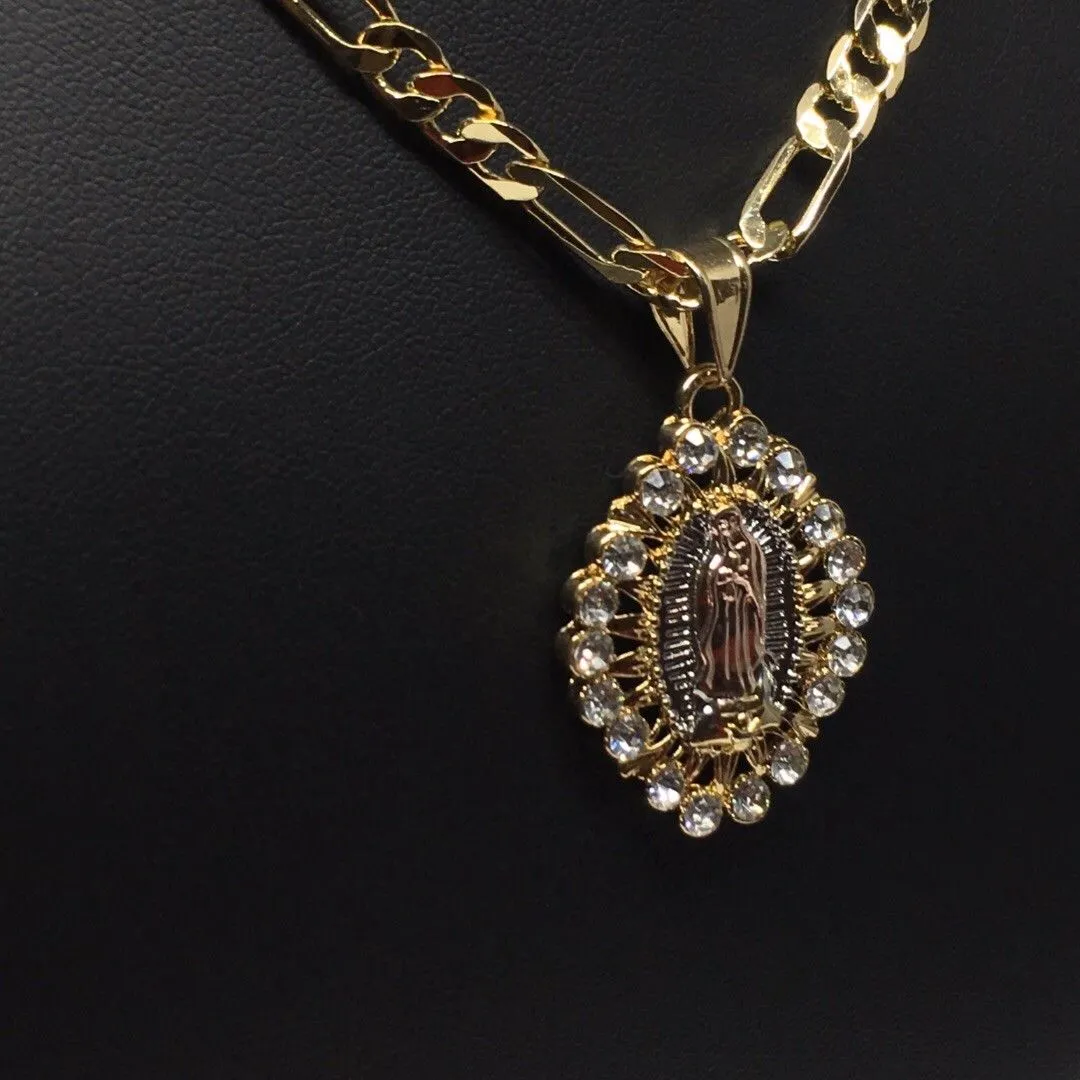 Gold Plated Tri-Color Virgin Mary Pendant White Stones 26 Chain / Virgen De Guadalupe Medalla Tres Oros Con Piedras Blanca Caden