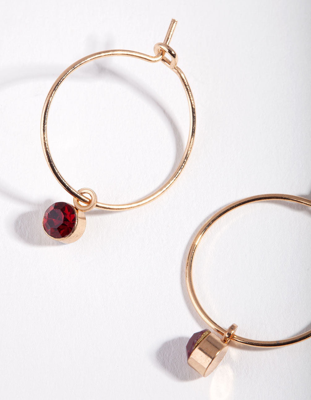 Gold Red Stone Fine Hoop Earrings