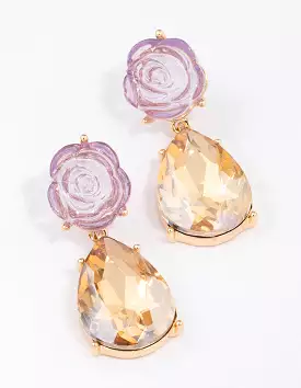 Gold Rose Stone Drop Earrings