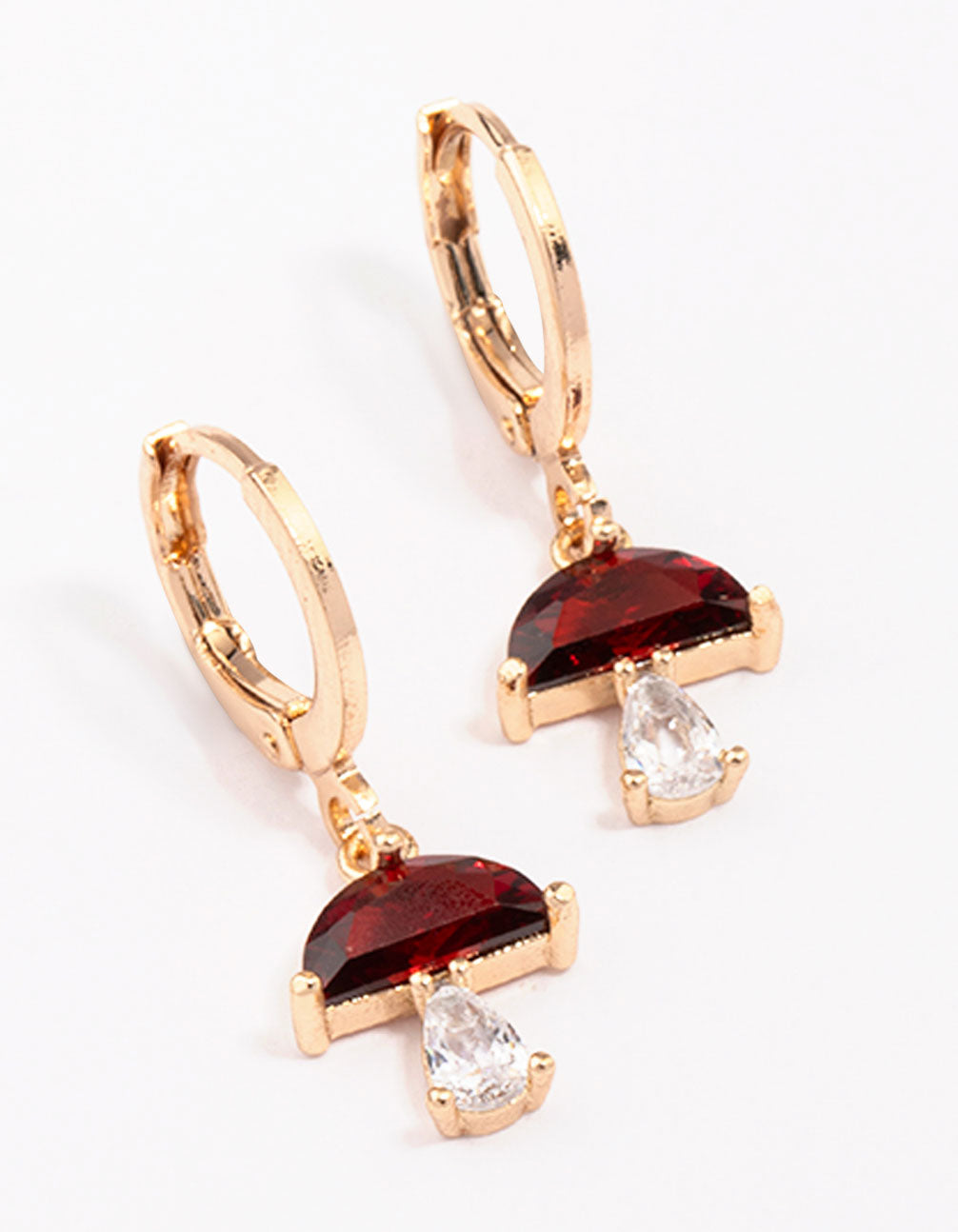 Gold Ruby Mushroom Drop Huggie Hoop Earrings