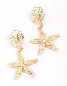 Gold Textured Shell & Starfish Drop Earrings