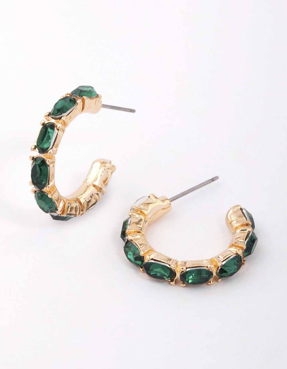 Green Encased Oval Diamante Hoop Earrings