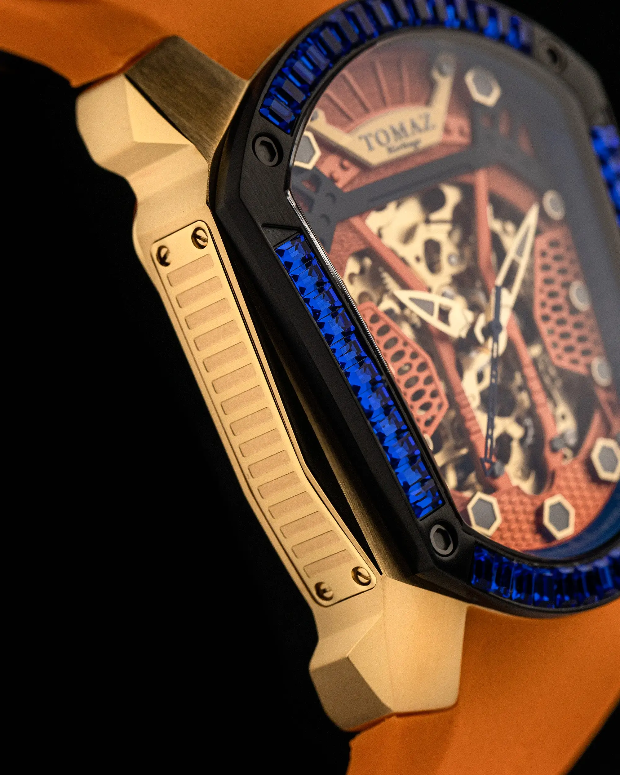 GT Skeleton TW028-D16 (Rosegold/Orange) with Blue Swarovski (Orange Rubber Strap)