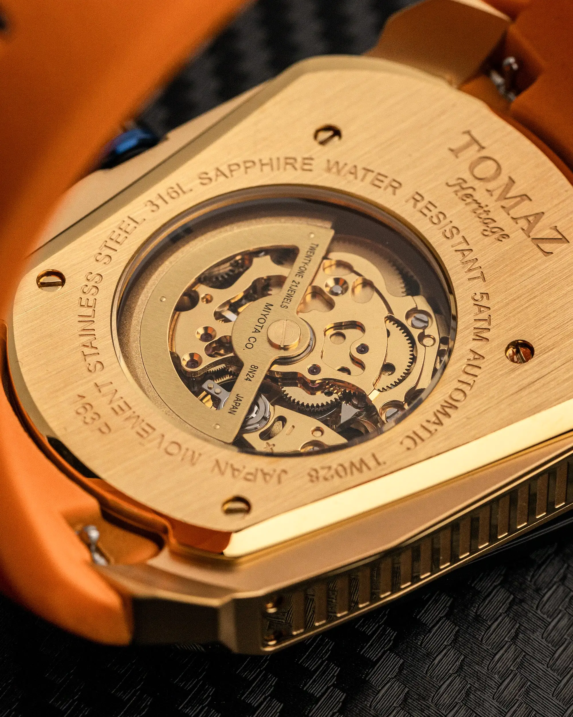 GT Skeleton TW028-D16 (Rosegold/Orange) with Blue Swarovski (Orange Rubber Strap)