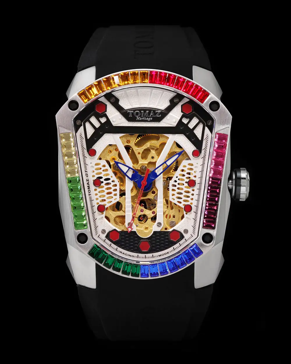 GT Skeleton TW028-D25 (Silver) with Rainbow Swarovski (Black Rubber Strap)