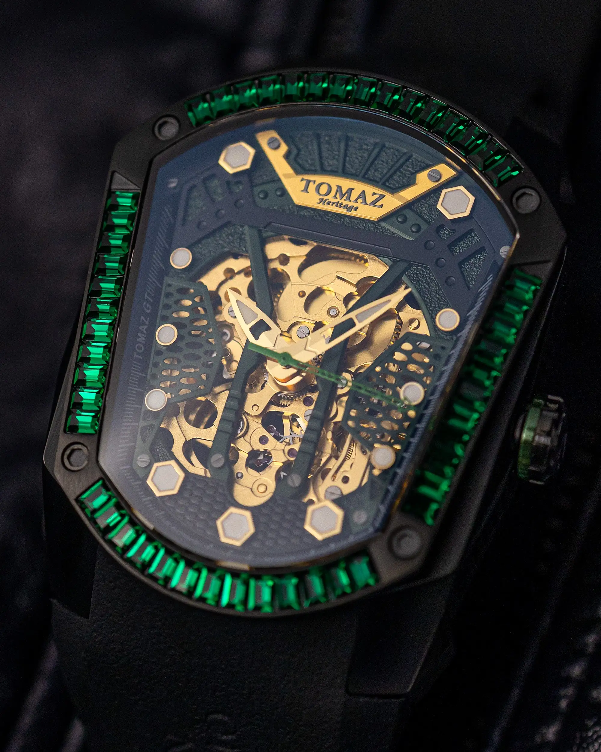 GT Skeleton TW028-D26 (Black) with Green Swarovski (Black Rubber Strap)