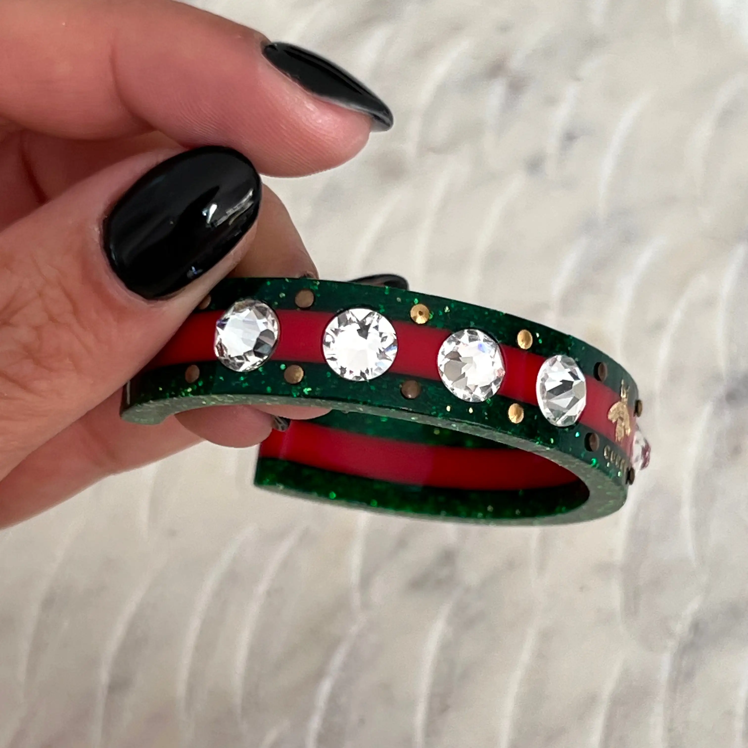 Gucci Sherry Line B Crystal Women's Jewelry Bangle Bracelet Red Golden Green