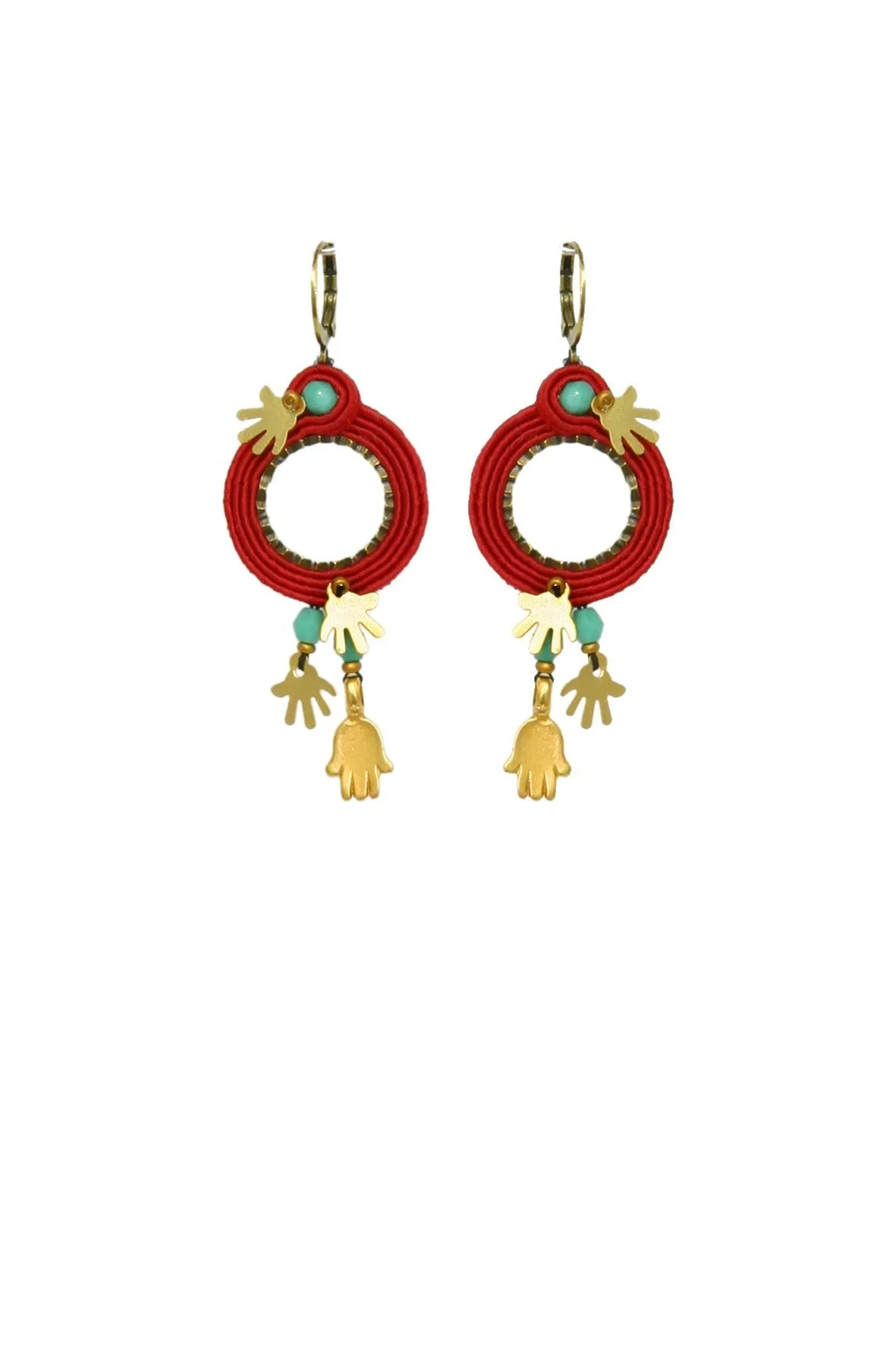 Hamsa Red String Hoop Earrings, Golden Hands