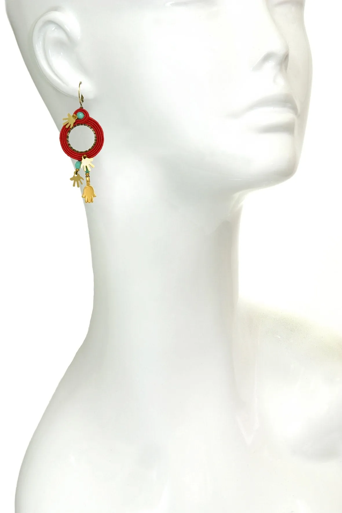 Hamsa Red String Hoop Earrings, Golden Hands